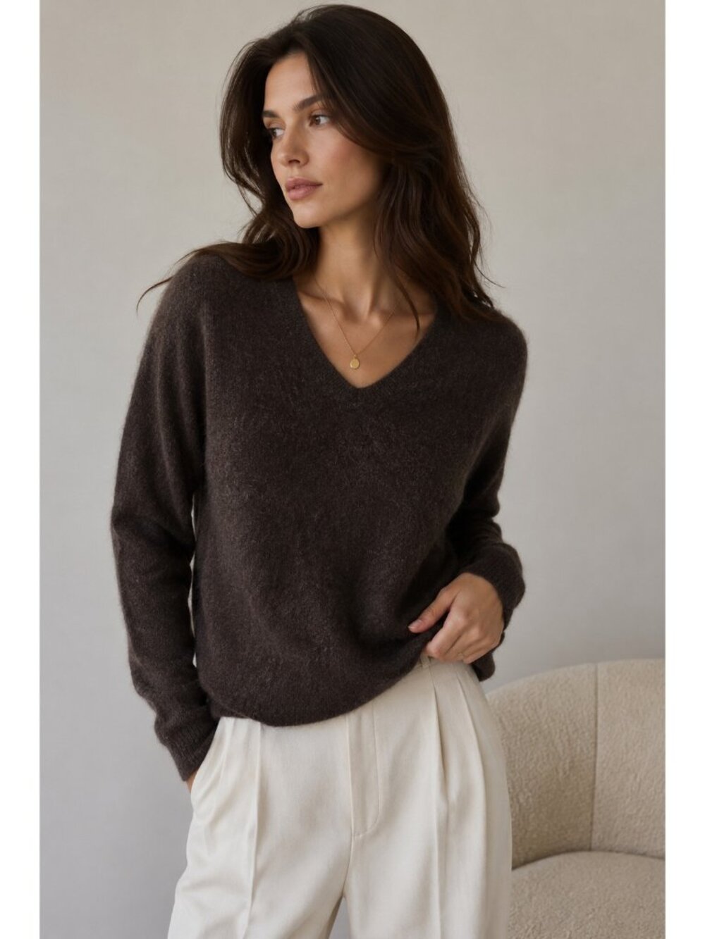 Halogen Cashmere Sweater Women Petite Small Brown V Neck Soft Luxury Knit